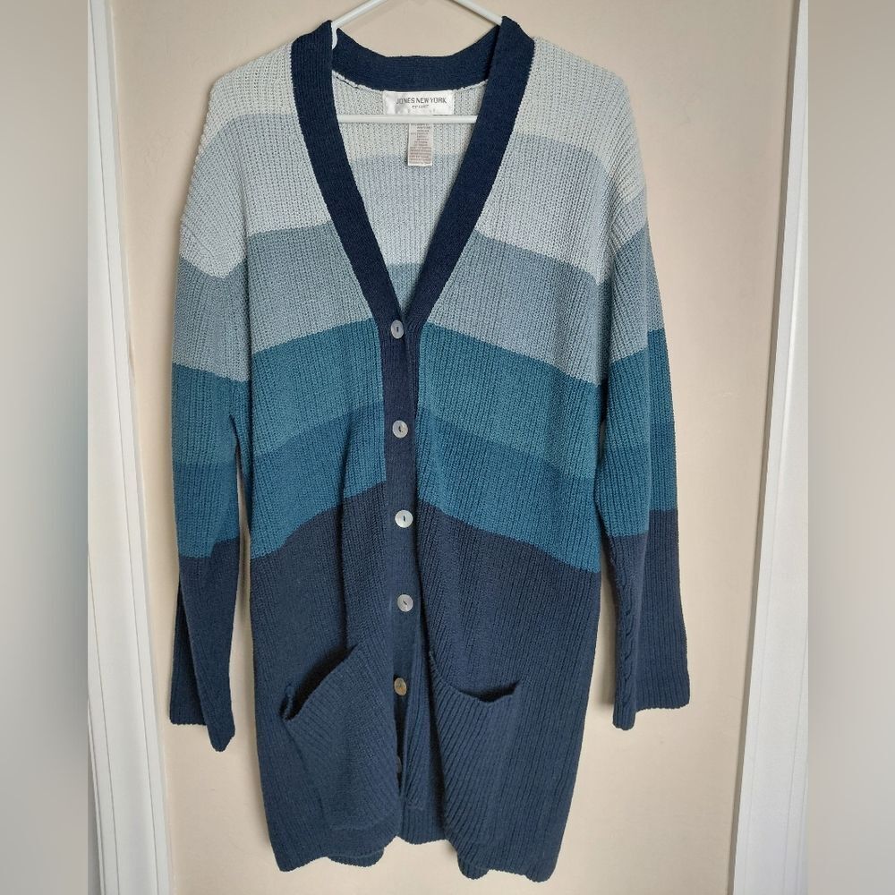 Jones New York Sport Blue Ombre Colorblock Knitted Sweater Button Cardigan SZ M